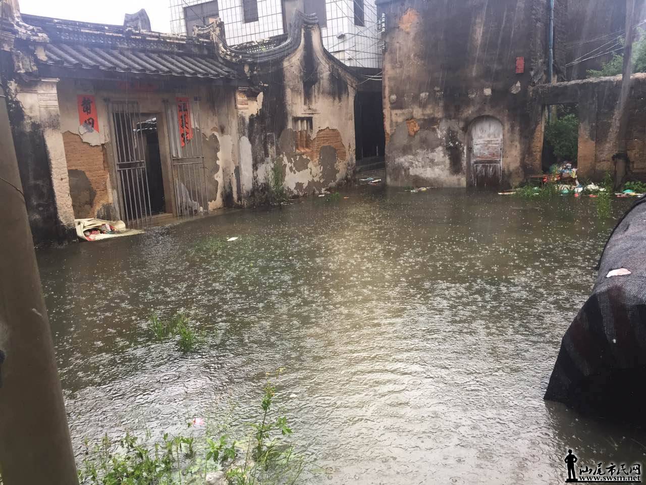 汕尾市民网"苗柏"己走,雨在下.和顺上村水淹不退,有家进出难.