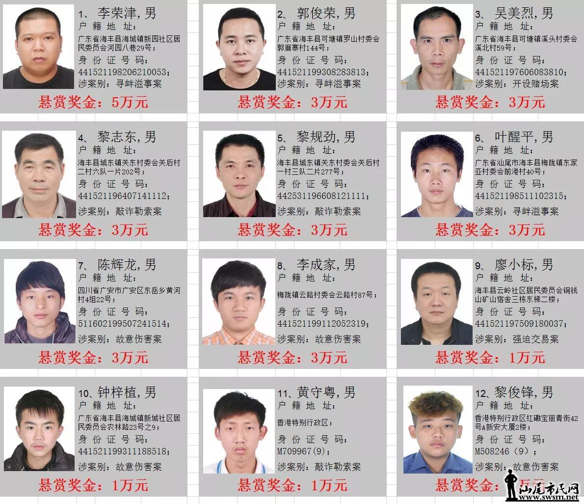 海丰县公安局关于公开悬赏缉捕涉黑恶犯罪在逃人员通告